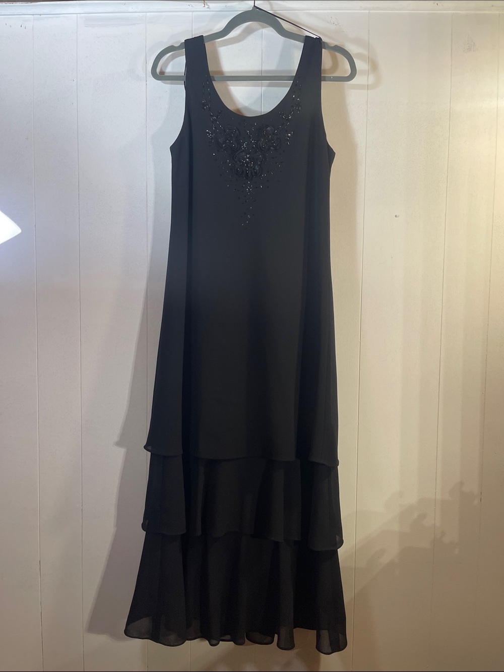 R & M Richards Black Beaded Tiered Maxi Dress